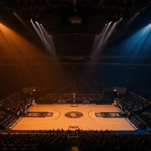 Madison Square Garden basketball court under dramatic championship game lighting with arena atmosphere