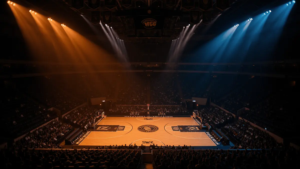 Madison Square Garden basketball court under dramatic championship game lighting with arena atmosphere
