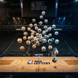 NBA lottery balls suspended above empty basketball court under dramatic lighting