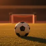 Floodlit stadium pitch at evening kick-off with match ball on centre spot, Dutch orange and Japanese red colour accents, cinematic sports photography.