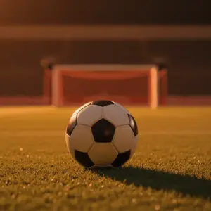 Floodlit stadium pitch at evening kick-off with match ball on centre spot, Dutch orange and Japanese red colour accents, cinematic sports photography.