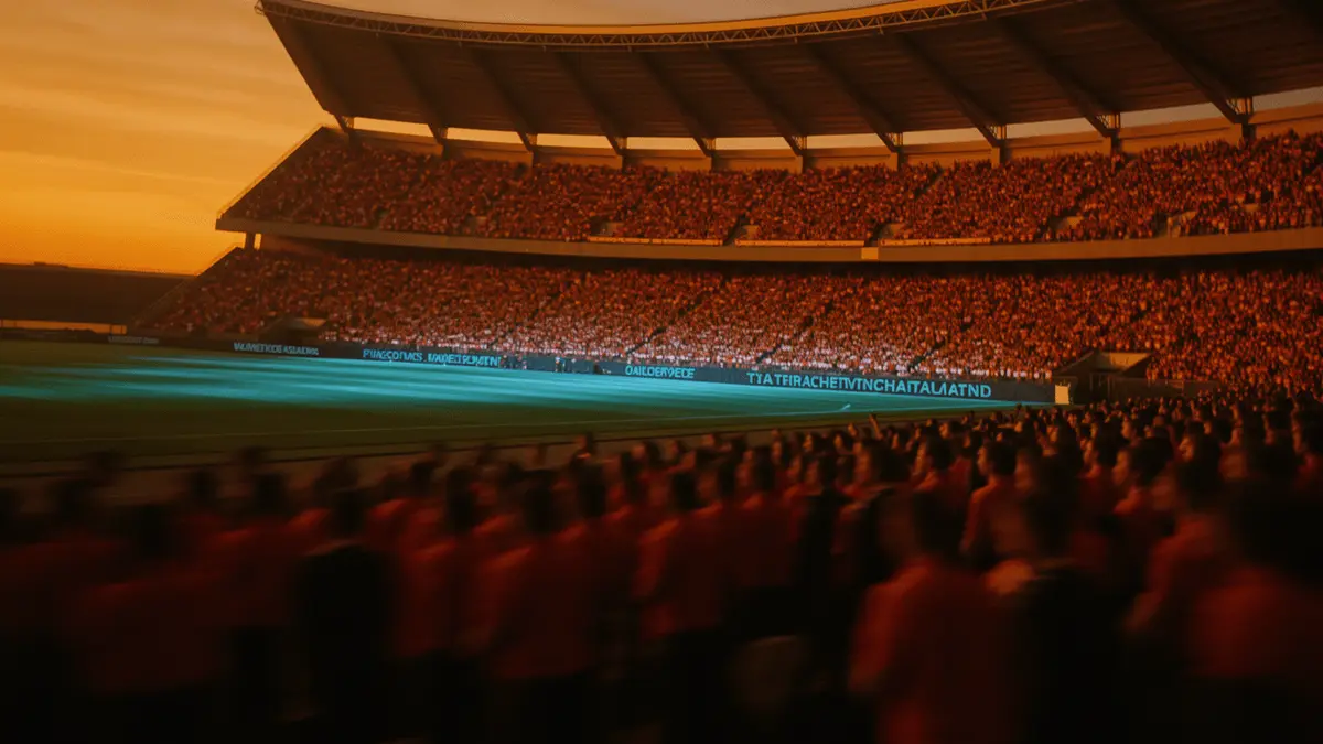 Floodlit stadium with packed orange and red crowd at golden-hour dusk, low angle, dramatic shadow and light contrast.