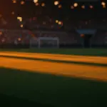 Floodlit stadium pitch with orange and blue-yellow atmospheric lighting, dramatic shadows, and golden-hour mood.