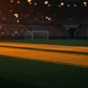Floodlit stadium pitch with orange and blue-yellow atmospheric lighting, dramatic shadows, and golden-hour mood.