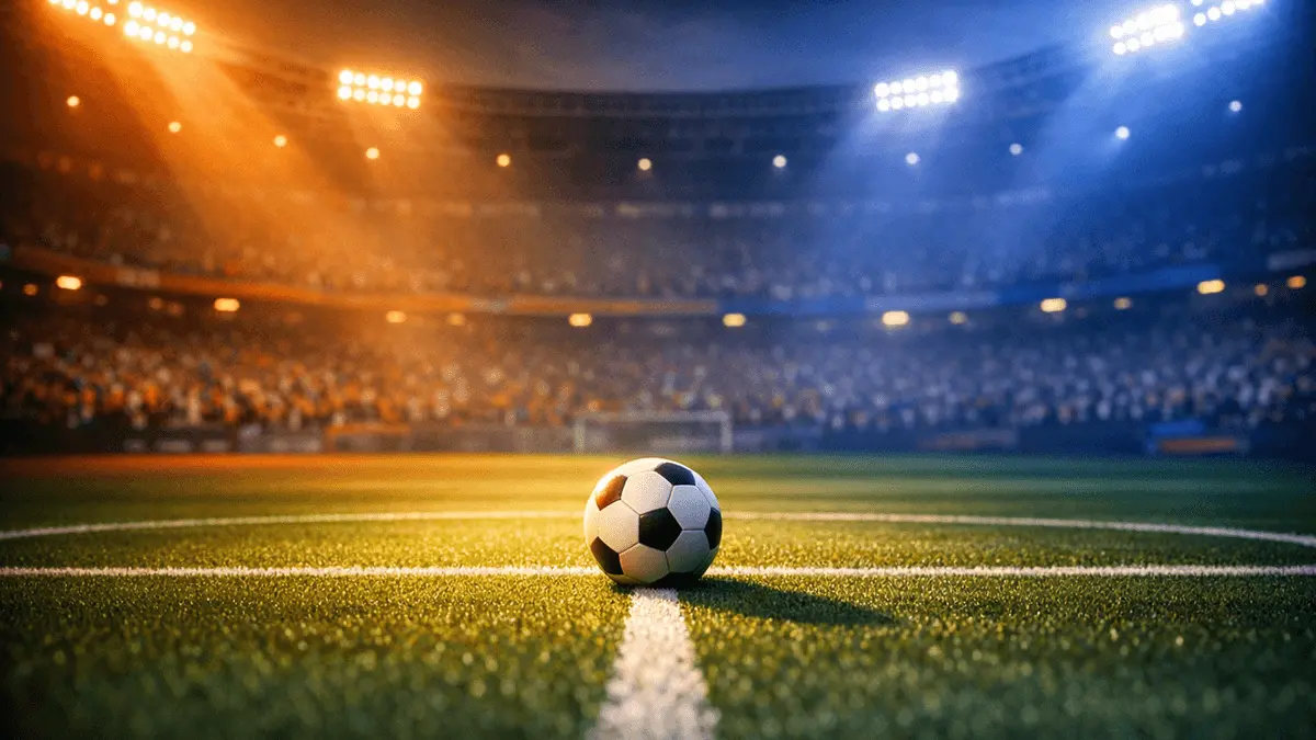Floodlit stadium pitch with ball on centre spot in orange and blue light; dramatic shadows and packed stands.