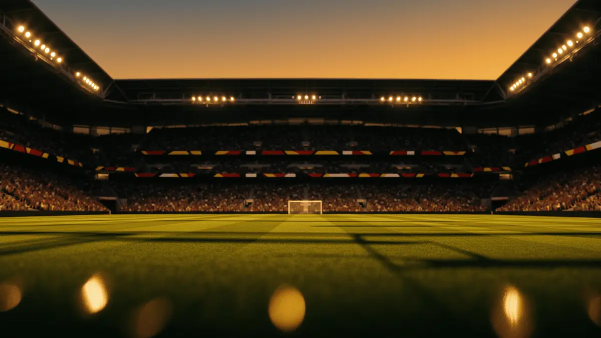 Floodlit football stadium at dusk with packed stands, dramatic shadow patterns, and golden-hour pitch lighting before kickoff.