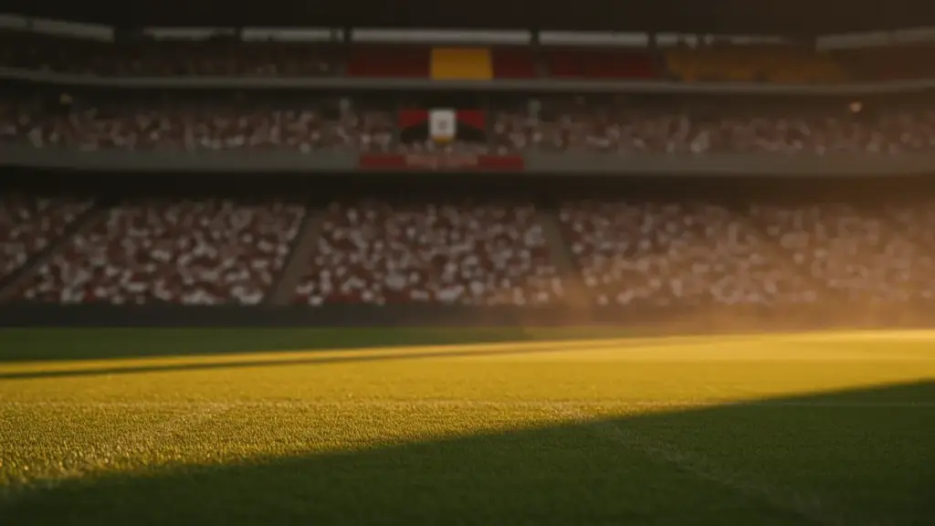 Floodlit stadium pitch at dusk with dramatic shadows, white and red crowd bokeh, golden-hour lighting, shallow depth of field.