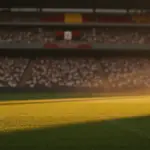 Floodlit stadium pitch at dusk with dramatic shadows, white and red crowd bokeh, golden-hour lighting, shallow depth of field.