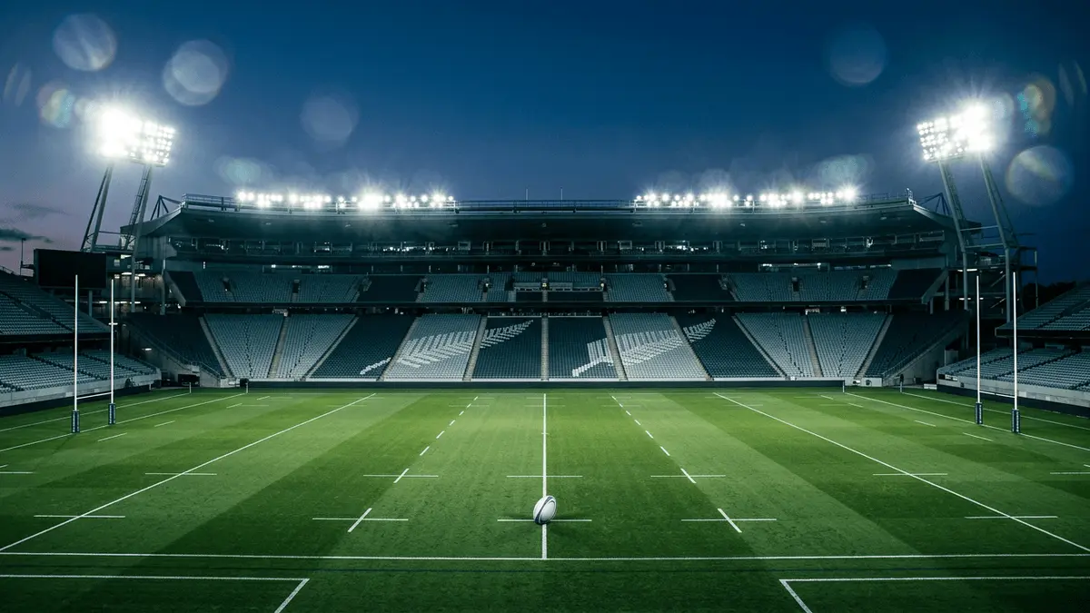 Floodlit stadium pitch at dusk with All Blacks national colours in stands, centre-spot football, dramatic shadow geometry.