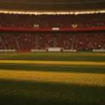 Empty floodlit stadium pitch at golden hour with packed stands and dramatic shadow patterns during World Cup group stage kickoff.