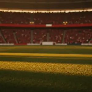 Empty floodlit stadium pitch at golden hour with packed stands and dramatic shadow patterns during World Cup group stage kickoff.