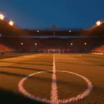 Floodlit stadium pitch at dusk with dramatic shadow patterns and Norwegian flag colors in atmospheric golden-hour lighting.