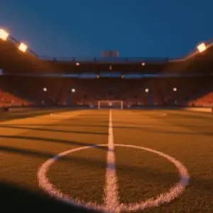 Floodlit stadium pitch at dusk with dramatic shadow patterns and Norwegian flag colors in atmospheric golden-hour lighting.