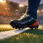 Floodlit stadium pitch at dusk with Norwegian flag colours in ambient light and football boot in motion on centre mark