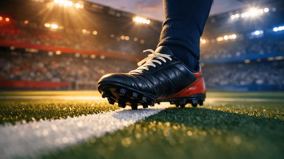 Floodlit stadium pitch at dusk with Norwegian flag colours in ambient light and football boot in motion on centre mark