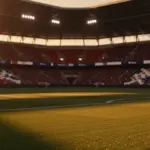 Empty floodlit World Cup stadium at sunset with packed stands, dramatic shadow patterns, national colours in lighting design.