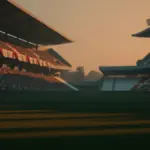 Floodlit stadium at dusk with Panama and England flag colours in bunting, dramatic shadows, empty grass pitch, golden-hour atmosphere.