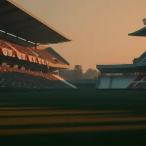 Floodlit stadium at dusk with Panama and England flag colours in bunting, dramatic shadows, empty grass pitch, golden-hour atmosphere.