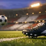 Floodlit football stadium at dusk with boot and ball in motion, stands bathed in red, white, and blue tones.