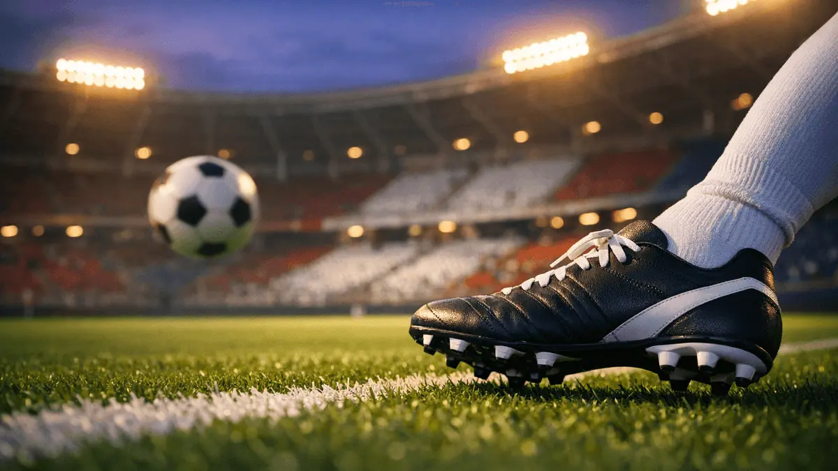 Floodlit football stadium at dusk with boot and ball in motion, stands bathed in red, white, and blue tones.