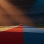 Floodlit World Cup stadium pitch at dusk with dramatic shadow patterns and colour-graded lighting.
