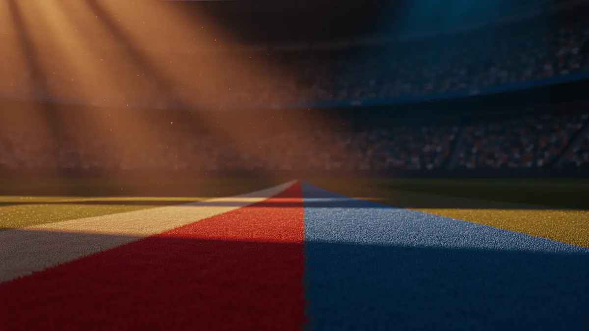 Floodlit World Cup stadium pitch at dusk with dramatic shadow patterns and colour-graded lighting.