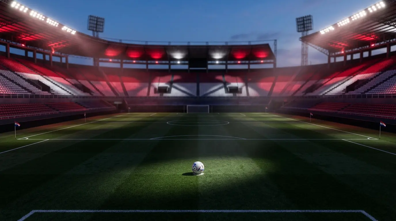 Floodlit stadium pitch under evening light with Paraguay national colours illuminating empty stands and a football on the centre spot.