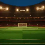 Floodlit international stadium pitch at dusk with packed stands and dramatic lighting during World Cup group stage match.