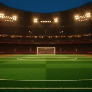 Floodlit international stadium pitch at dusk with packed stands and dramatic lighting during World Cup group stage match.