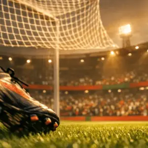 Floodlit football pitch with crimson and emerald lighting, boot in motion, billowing goal net, Portugal flag colours in stadium sections.