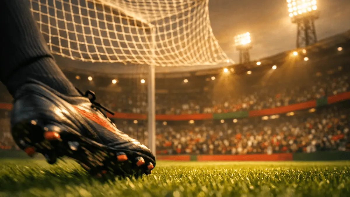 Floodlit football pitch with crimson and emerald lighting, boot in motion, billowing goal net, Portugal flag colours in stadium sections.