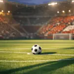 Floodlit football pitch at dusk with ball on centre spot, maroon and red stand sections creating national colour contrast.