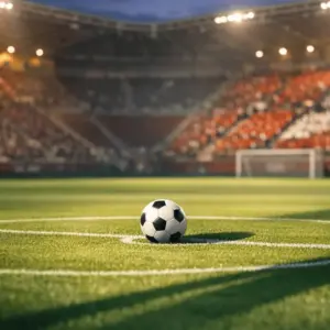 Floodlit football pitch at dusk with ball on centre spot, maroon and red stand sections creating national colour contrast.