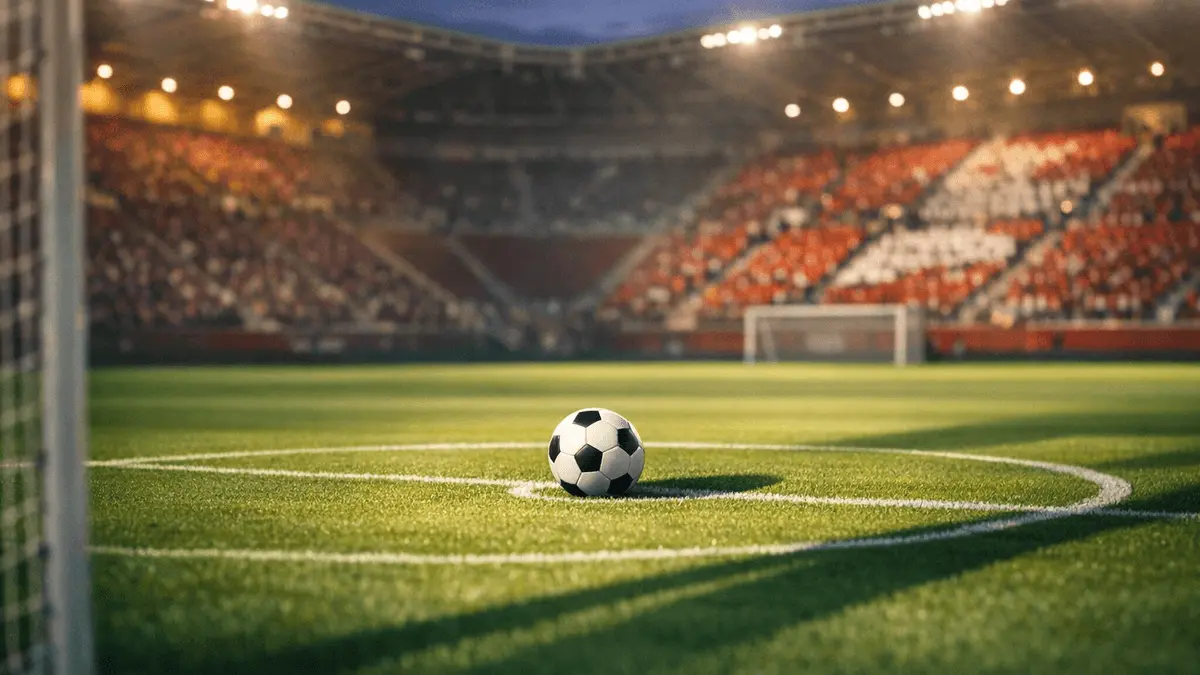 Floodlit football pitch at dusk with ball on centre spot, maroon and red stand sections creating national colour contrast.