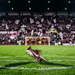 Nighttime floodlit stadium with maroon and white lighting, solitary footballer's boot on pitch, sharp shadows, blurred stands.