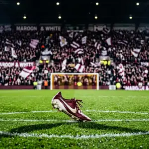 Nighttime floodlit stadium with maroon and white lighting, solitary footballer's boot on pitch, sharp shadows, blurred stands.