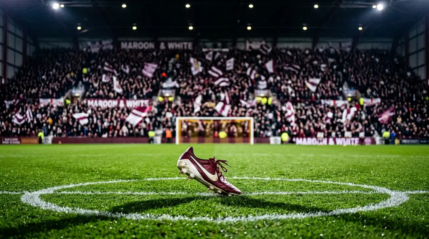 Nighttime floodlit stadium with maroon and white lighting, solitary footballer's boot on pitch, sharp shadows, blurred stands.