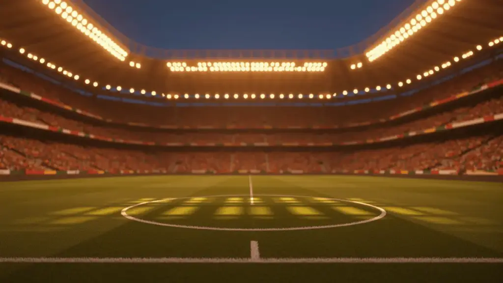 Floodlit football stadium at dusk with packed stands and dramatic shadows across empty pitch, cinematic atmosphere.