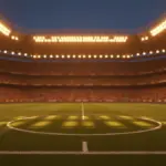 Floodlit football stadium at dusk with packed stands and dramatic shadows across empty pitch, cinematic atmosphere.