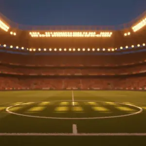 Floodlit football stadium at dusk with packed stands and dramatic shadows across empty pitch, cinematic atmosphere.
