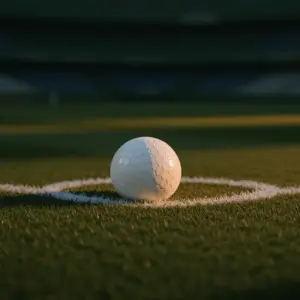 Empty floodlit football pitch at sunset with match ball on centre spot; dramatic shadows and shallow depth of field.
