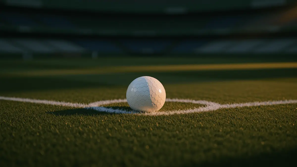 Empty floodlit football pitch at sunset with match ball on centre spot; dramatic shadows and shallow depth of field.