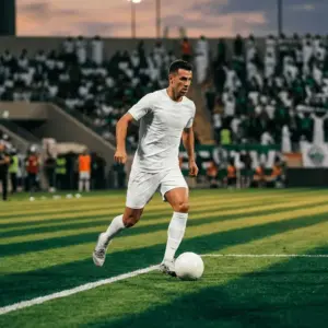 Football player in white kit running with ball on floodlit pitch, emerald-green field with stadium crowd in national colours at dusk.