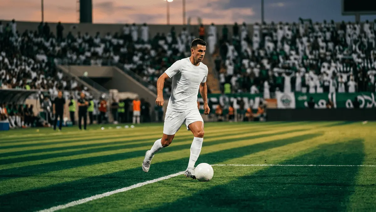 Football player in white kit running with ball on floodlit pitch, emerald-green field with stadium crowd in national colours at dusk.