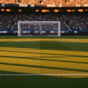 Floodlit stadium pitch at dusk with white markings, packed stands blurred behind, golden-hour atmospheric lighting.