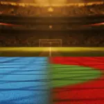 Floodlit stadium pitch at golden-hour kick-off with Scottish and Moroccan colour schemes, packed stands behind, dramatic shadow patterns.
