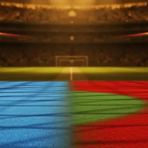 Floodlit stadium pitch at golden-hour kick-off with Scottish and Moroccan colour schemes, packed stands behind, dramatic shadow patterns.