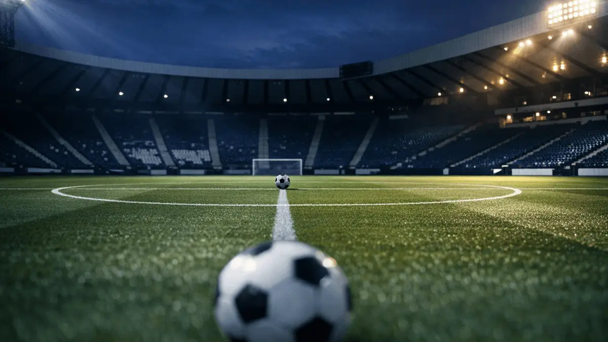 Floodlit football pitch with navy and white stadium lighting, geometric shadows on turf, single ball on centre spot.