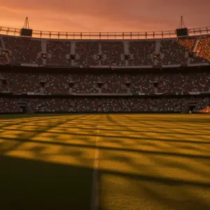 Floodlit football stadium at dusk with packed stands in green, red, and burgundy colours, dramatic shadow patterns on pitch.