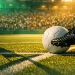 Senegal-themed stadium scene with floodlit pitch, football boot striking ball, emerald and gold lighting, evening kickoff atmosphere